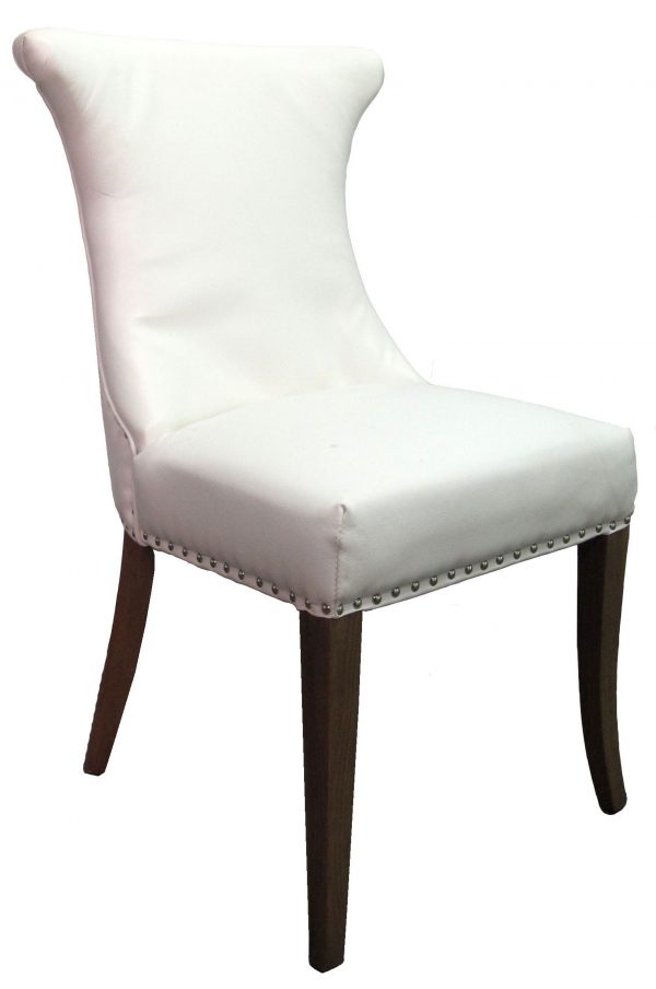 Vintage Hollywood Regency Studded White Leather Chair with Large Metal Ring Detail on Back (BK)