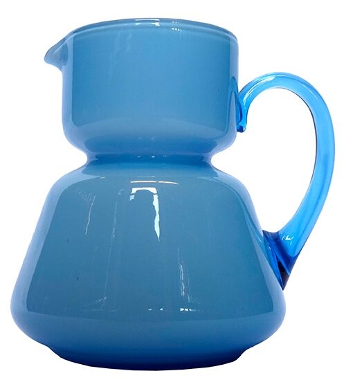 Vintage Opaque Light Blue Glass Pitcher With Transparent Tinted Handle
